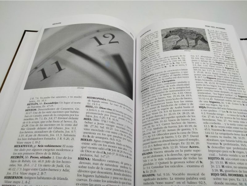 Un libro abierto muestra su contenido con texto y algunas imágenes, incluyendo una foto de una parte de un reloj mostrando las 11 y las 12. La página de la derecha contiene una ilustración de un animal, posiblemente una hiena, con textos en columnas.