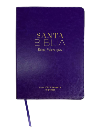 Biblia con tapa dura color púrpura con el título 'Santa Biblia Reina-Valera 1960' y una cinta marcadora morada asomándose por la parte inferior.