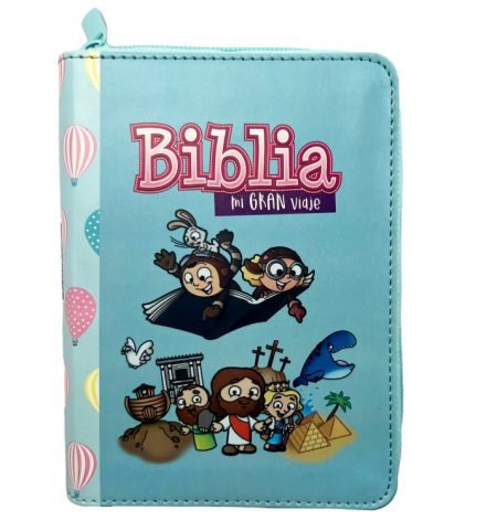 Una Biblia infantil de tapa azul con ilustraciones coloridas de personajes animados en una aventura, que incluye globos aerostáticos, pirámides y criaturas marinas.