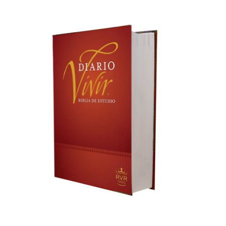 Una Biblia de estudio titulada Diario Vivir en color rojo con letras doradas y un símbolo de corona en la parte inferior, mostrando un diseño elegante y sobrio.