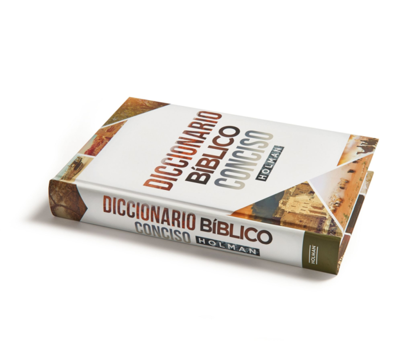 ** Vista lateral del libro "Diccionario Bíblico Conciso" de Holman, con imágenes de paisajes bíblicos en la cubierta.