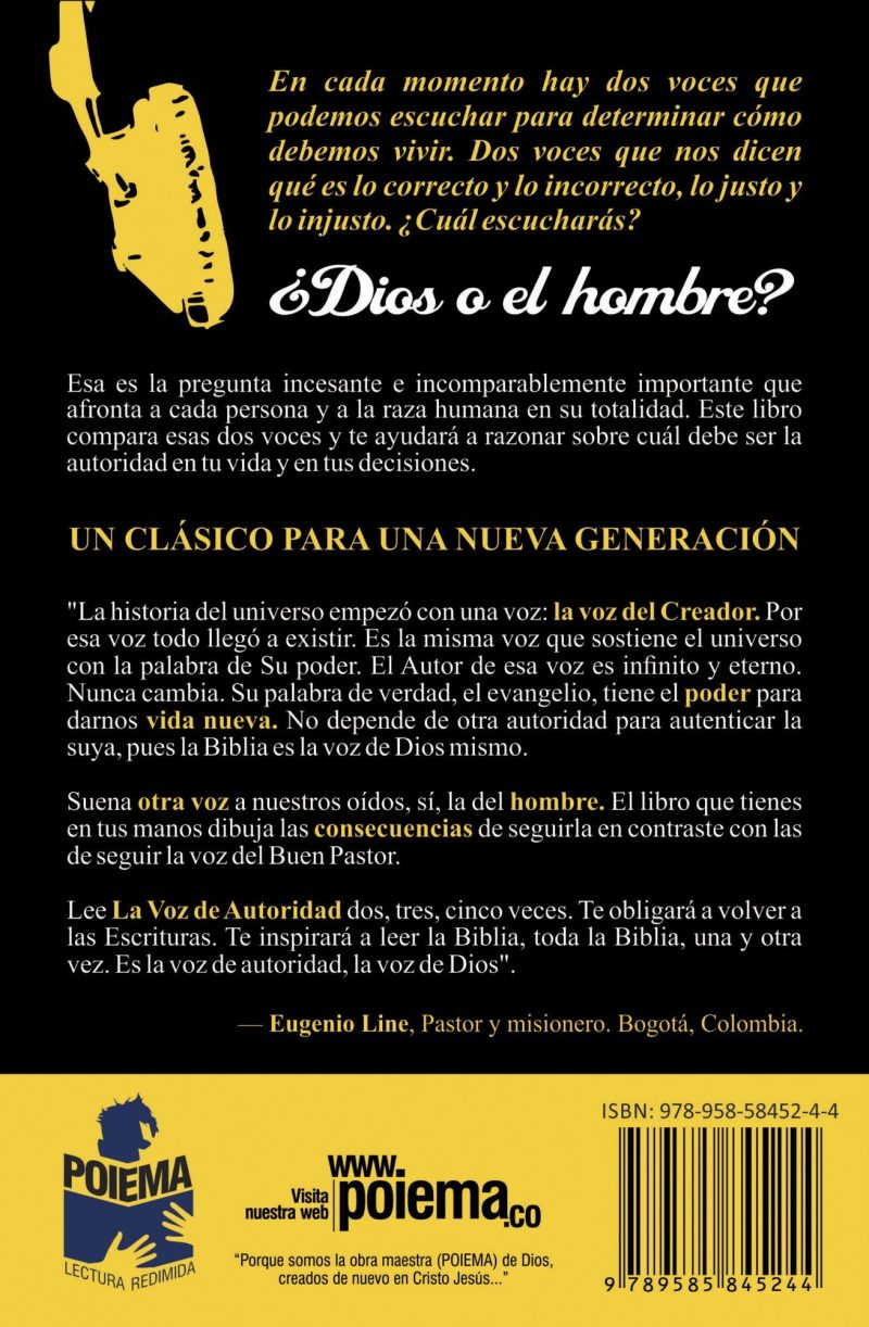 Imagen de la contraportada de un libro titulado¿Dios o el hombre? con texto en español que discute la elección entre seguir las voces de Dios o del hombre. La imagen incluye la silueta de un teléfono descolgado en amarillo sobre fondo negro, detalles de la editorial, y una cita de Eugenio Line, pastor y misionero. También aparecen el logo de la editorial Poiēma y su sitio web.
