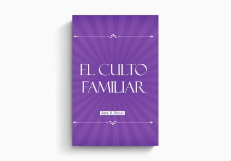 Imagen de la portada de un libro con fondo púrpura y rayos que irradian desde el centro, titulado El Culto Familiar por Joel R. Beeke.