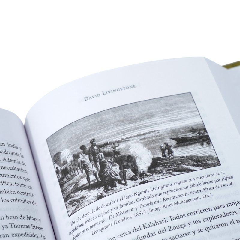 Ilustración en blanco y negro de David Livingstone y su expedición en una página de libro abierto, con texto descriptivo en español.