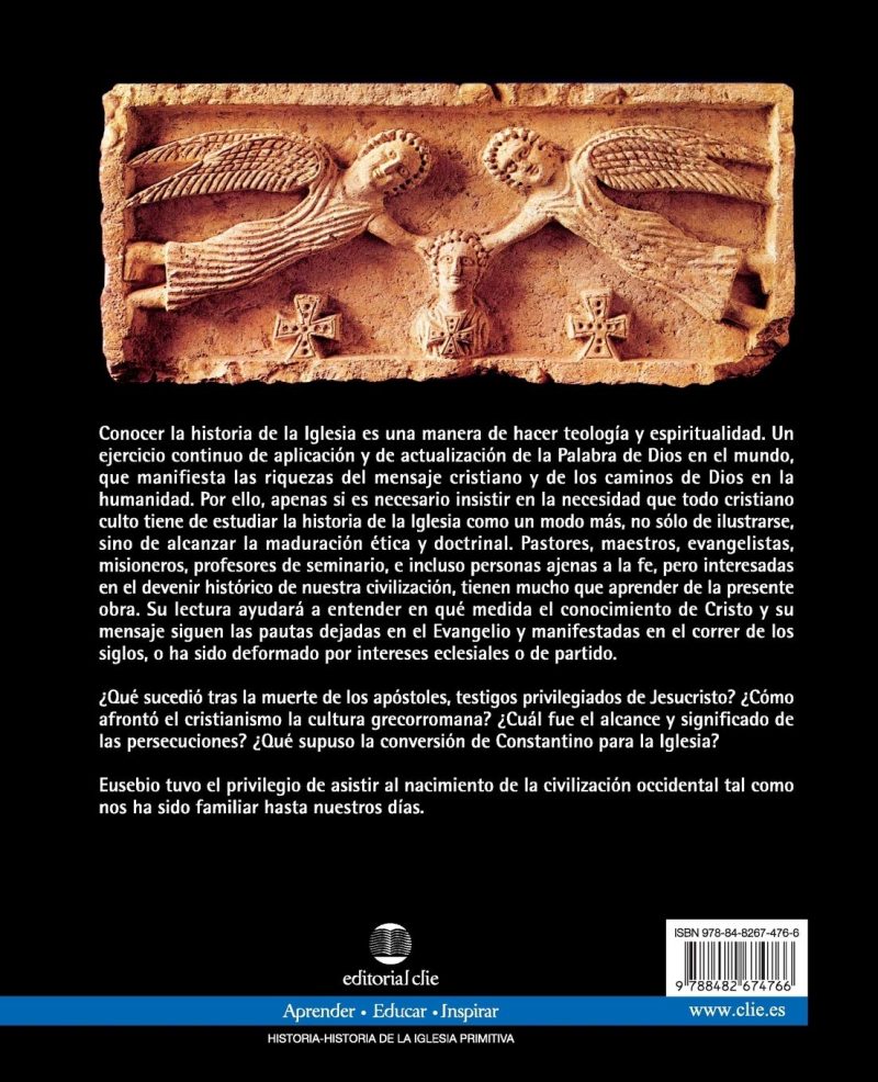 La portada trasera de un libro sobre la historia de la iglesia primitiva, mostrando una imagen en relieve de un águila estilizada con una cabeza humana en el centro, posiblemente un artefacto antiguo cristiano, con texto en español describiendo la importancia de estudiar la historia de la iglesia para comprender su impacto en la civilización occidental.