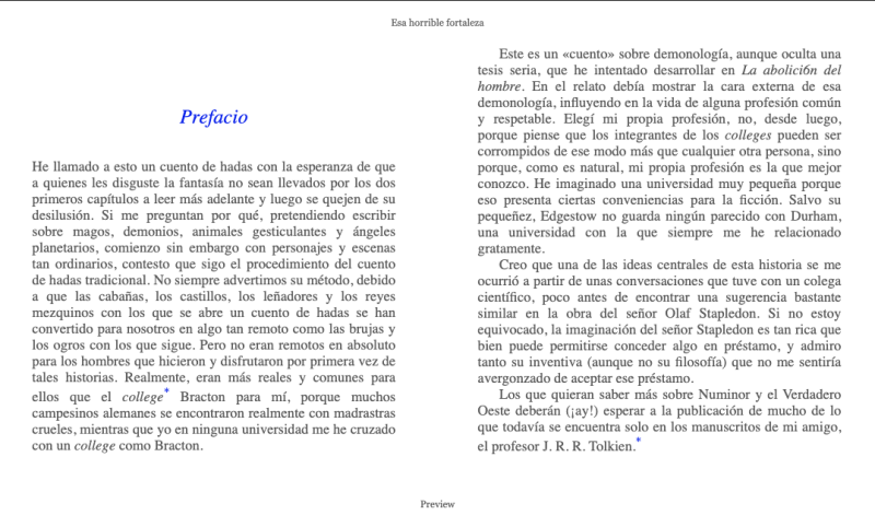 Imagen de dos páginas abiertas de un libro con texto en español. La página izquierda tiene el título Prefacio en la parte superior y la derecha menciona a J.R.R Tolkien hacia el final. El texto es legible y parece ser una introducción o preámbulo a una obra literaria.