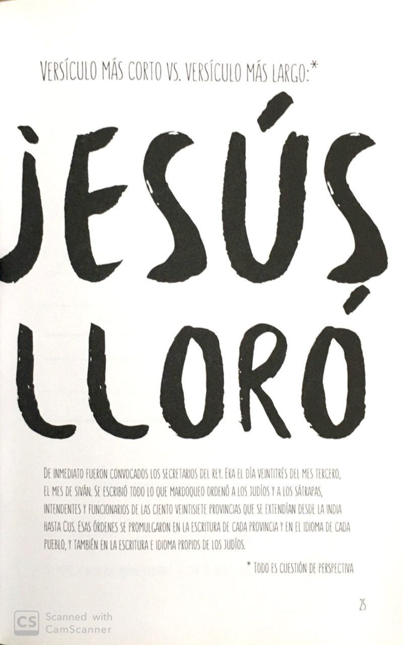 Imagen mostrando palabras impresas en tipografía grande y audaz con el texto 'JESÚS LLORÓ' sobre un fondo claro. Debajo, un párrafo explicativo en tipografía más pequeña sobre el contraste de la longitud de los versículos. Marca de escaneo de 'CamScanner' en la esquina inferior derecha y un asterisco que indica 'Todo es cuestión de perspectiva'.