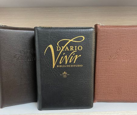 Tres Biblias de estudio con tapas de cuero o simil cuero reposan en estante, mostrando variación en colores de oscuro a claro, con títulos en relieve y dorado.