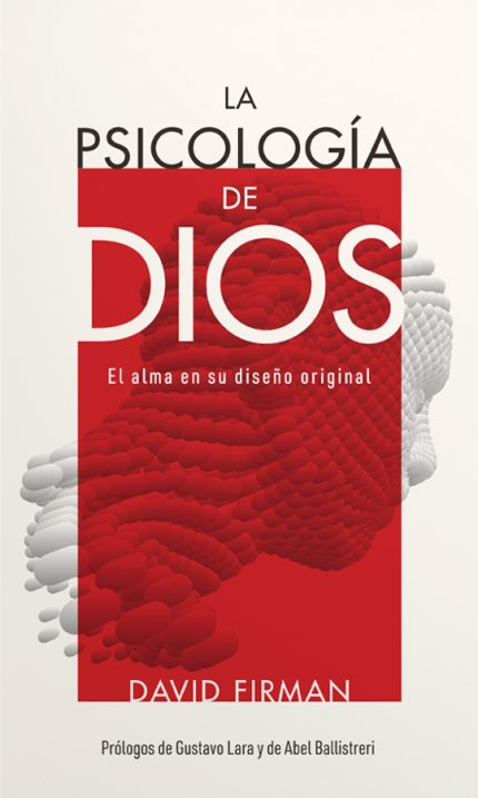 Portada de libro con un fondo blanco, titulo principal 'LA PSICOLOGÍA DE DIOS' en letras mayúsculas y fondo rojo. Debajo se lee 'El alma en su diseño original' y el nombre del autor, 'DAVID FIRMAN'. La portada muestra una ilustración abstracta de formas que parecen ondas o capas en tonos de rojo que se desvanecen hacia el blanco.