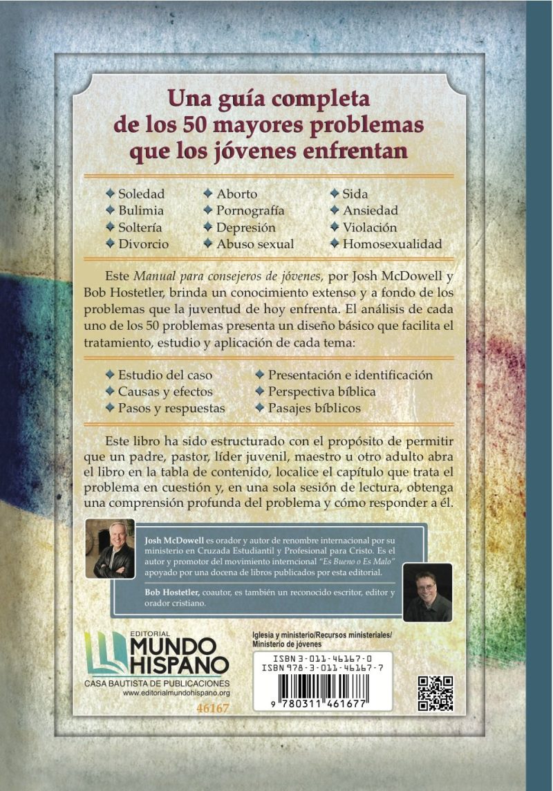 La imagen muestra la portada de un libro que parece estar dirigido a consejeros juveniles y trata sobre problemas contemporáneos que afectan a los jóvenes. El libro enumera temas como la soledad, el aborto, la pornografía, la depresión, el abuso sexual, el SIDA, la ansiedad, la violación y la homosexualidad. Incluye metodologías para el tratamiento y estudio de estos asuntos, como estudios de caso y perspectivas bíblicas. También hay menciones a los autores del libro y la editorial Casa Bautista de Publicaciones. La imagen tiene un diseño que imita el aspecto de papel antiguo, con colores desvanecidos y texturas para sugerir un tono serio y académico.