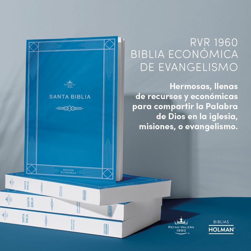 ** Pila de biblias azules con el texto "Santa Biblia" y descripción de la Biblia Económica de Evangelismo RVR 1960.