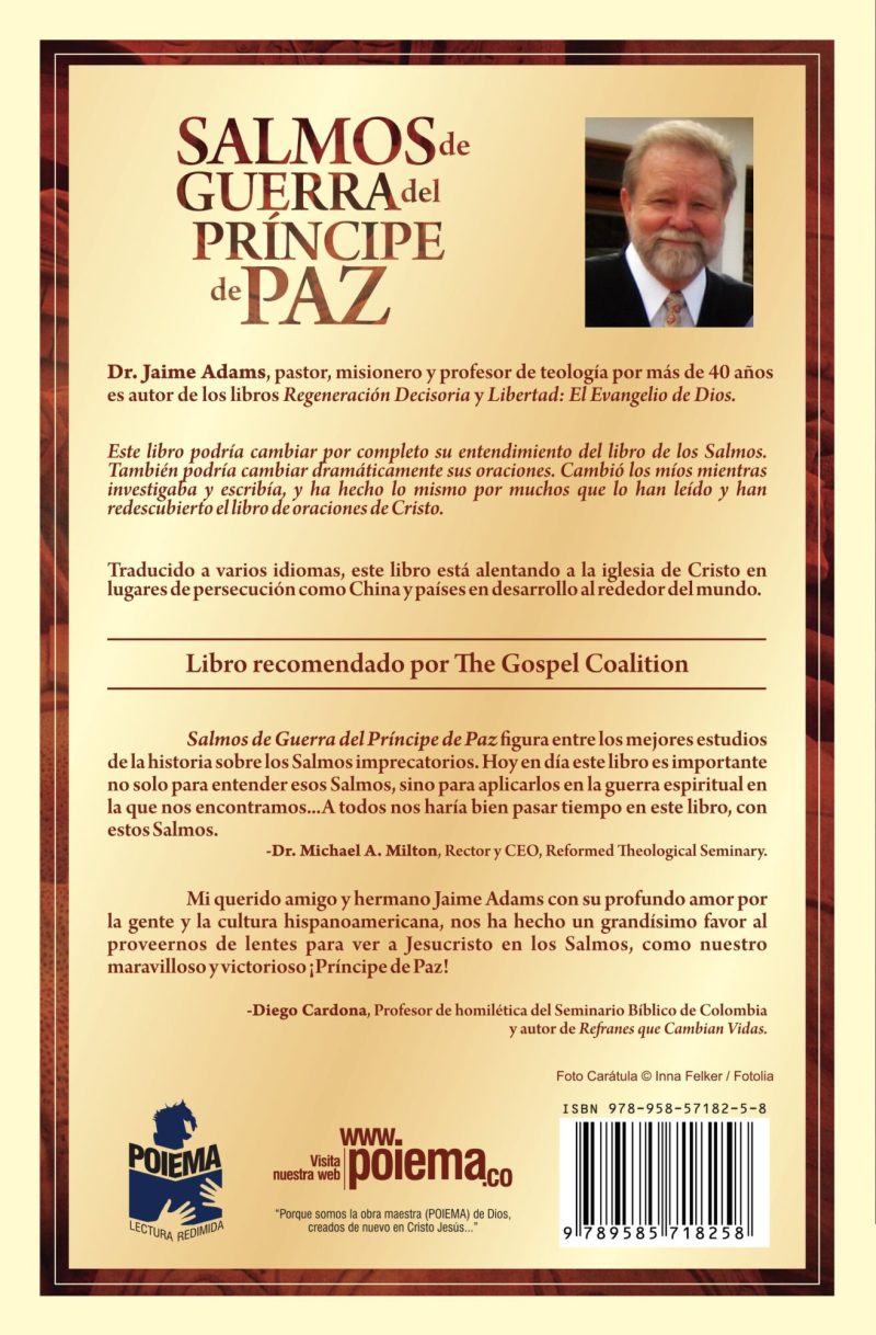 Portada del libro Salmos de Guerra del Príncipe de Paz por el Dr. Jaime Adams, con el texto descriptivo del contenido y recomendaciones, además de una imagen del autor.