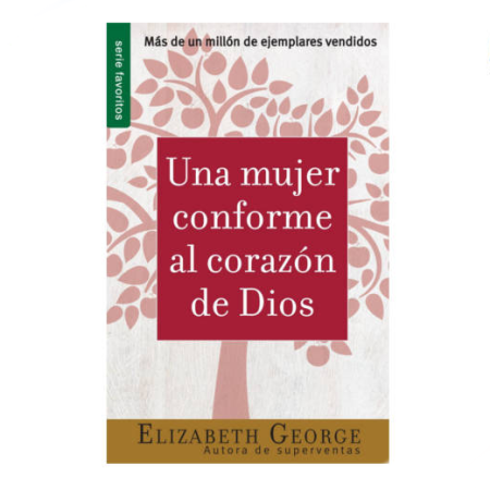 Una mujer conforme al corazón de Dios" de Elizabeth George, con un diseño de árbol en fondo rosa y texto en blanco.