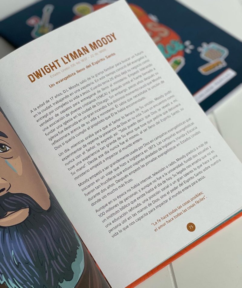 Página de un libro impreso con el título Dwight Lyman Moody - Un evangelista lleno del Espíritu Santo y un gráfico parcialmente visible de un hombre barbudo.