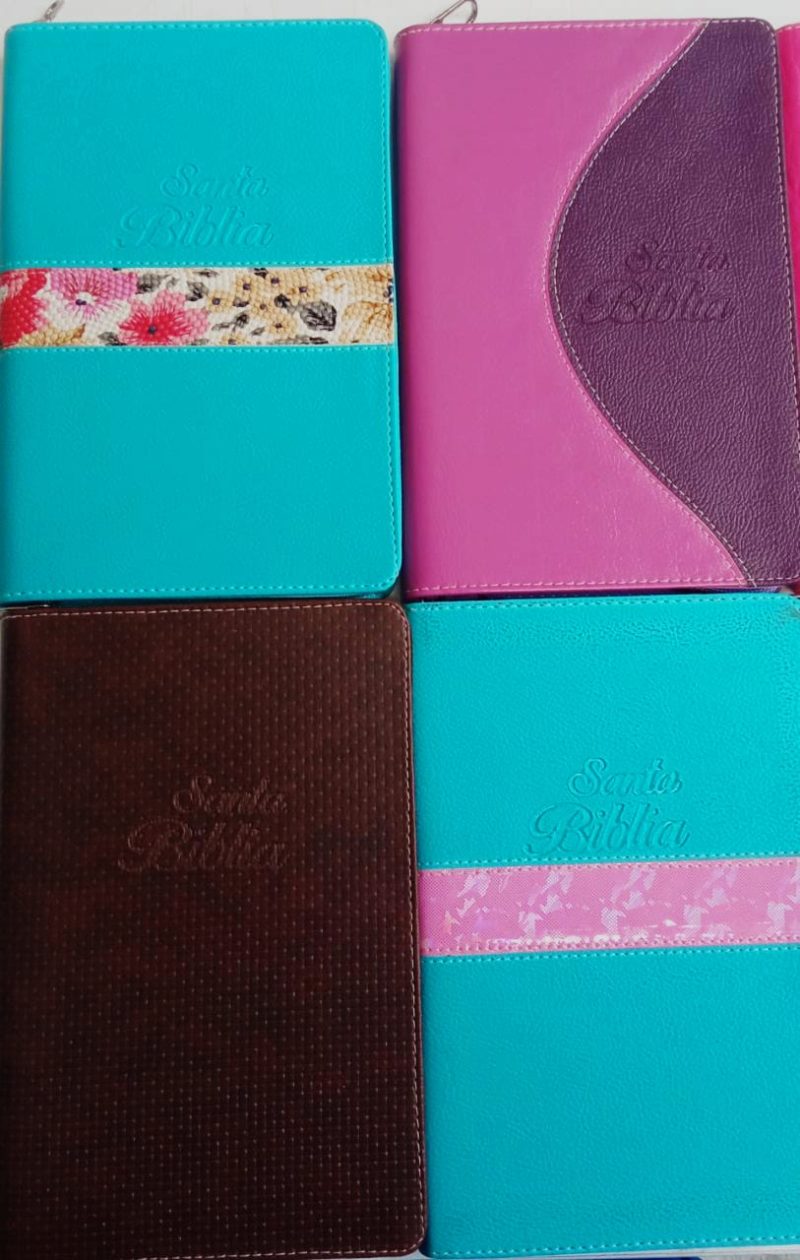 Cuatro cubiertas de la Santa Biblia dispuestas en dos columnas, con diseños y colores variados: turquesa con banda decorativa, rosa con corte diagonal, marrón liso y turquesa con banda rosa.