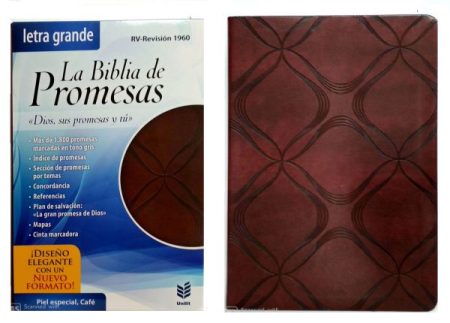  dos vistas de un libro religioso titulado La Biblia de Promesas. A la izquierda, la portada del libro destaca con un fondo blanco y azul, una ventana circular mostrando parte de un diseño geométrico en tonos de café, y texto que indica características especiales como más de 1,800 promesas marcadas en tono gris y acompañamientos como índice de promesas, concordancia, y mapas. A la derecha, la contraportada exhibe un patrón geométrico en relieve con tonalidades de marrón oscuro y formas onduladas, dando al libro una apariencia de elegancia y sobriedad.