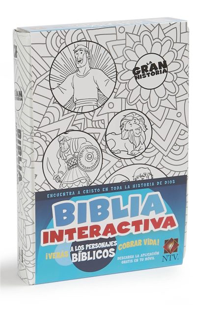 Portada del libro 'Biblia Interactiva' con ilustraciones para colorear de personajes bíblicos y texto promocional en español.
