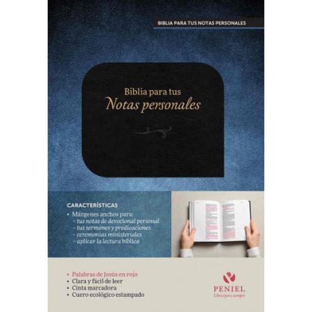 Anuncio de Biblia para notas personales con características destacadas y una imagen de una persona sosteniendo la Biblia abierta.