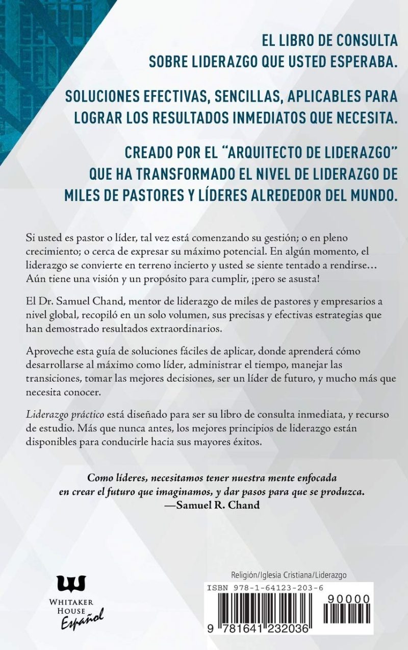 La portada de un libro titulado El Libro de Consulta Sobre Liderazgo Que Usted Esperaba en tonalidades de azul y blanco, con texto que promete soluciones efectivas y prácticas para líderes y pastores, creado por un autor experto en liderazgo.