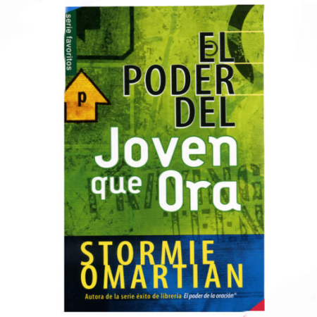 Portada del libro 'El Poder del Joven que Ora' por Stormie Omartian, con un diseño abstracto en tonos de verde y amarillo y símbolos urbanos, indicando la influencia de la oración en la vida cotidiana de los jóvenes.
