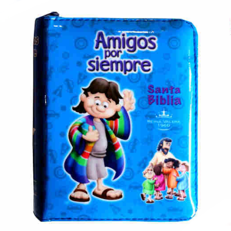 Una Biblia para niños con cubierta azul que muestra una ilustración colorida de un niño sonriente con una chaqueta arcoíris y el texto 'Amigos por siempre' junto a dibujos de niños y familias.