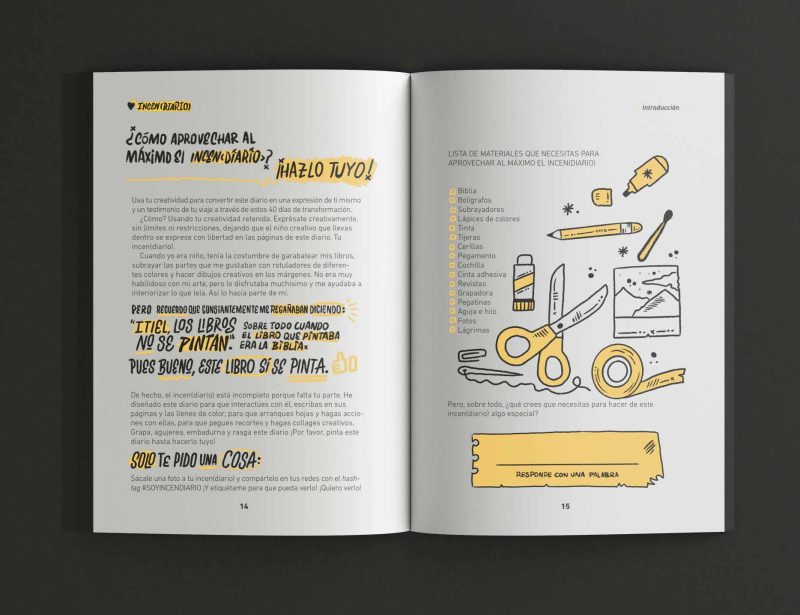 Una fotografía de dos páginas abiertas de un libro creativo con texto en español y dibujos de materiales de arte como tijeras, pegamento y lápices en la página derecha.