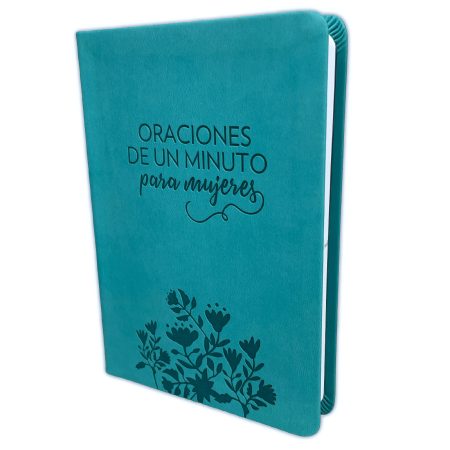 Libro de tapa dura en tono azul turquesa titulado 'Oraciones De Un Minuto Para Mujeres' con diseño floral negro en la parte inferior.