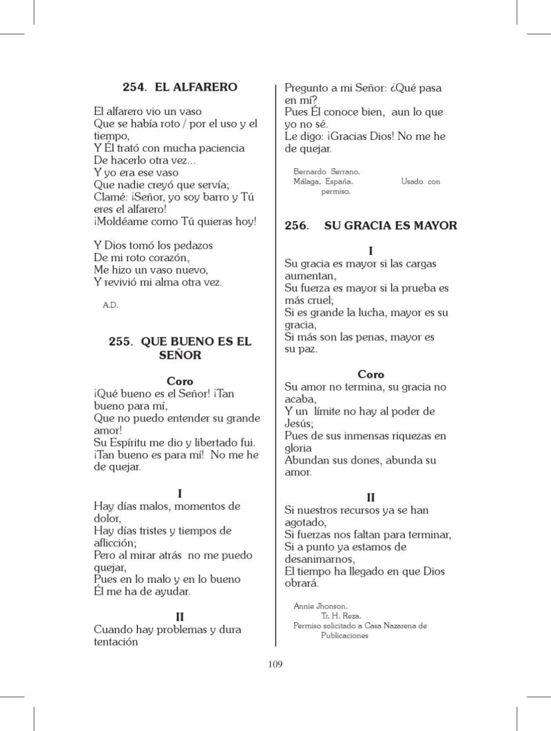 Una página de un libro que contiene poemas y reflexiones espirituales en español, titulados EL ALFARERO, QUE BUENO ES EL SEÑOR y SU GRACIA ES MAYOR, indicando un contenido de naturaleza religiosa y de fe cristiana.