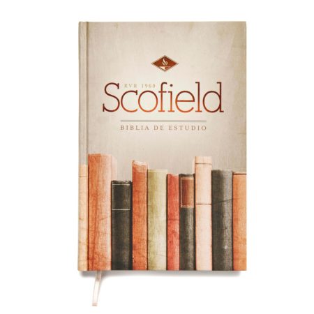 “Portada de la edición de la Biblia de Estudio Scofield, mostrando el título con letras grandes y una representación gráfica de lomos de libros antiguos debajo.”