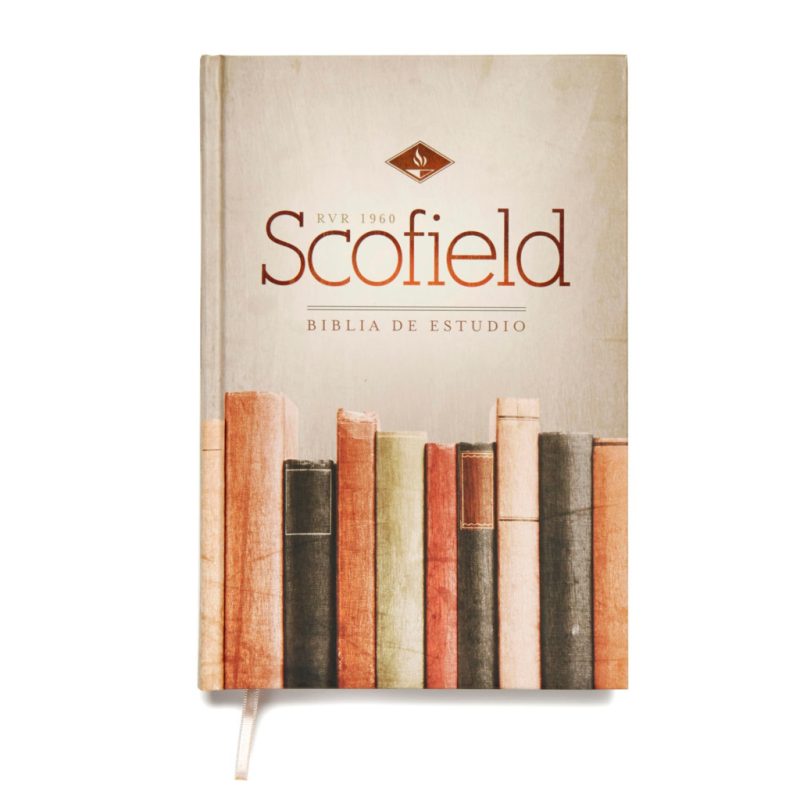 “Portada de la edición de la Biblia de Estudio Scofield, mostrando el título con letras grandes y una representación gráfica de lomos de libros antiguos debajo.”