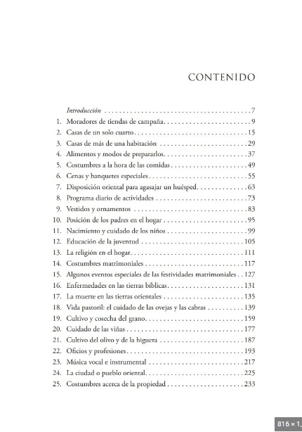 Página de contenido de un libro en blanco y negro enumerando capítulos sobre costumbres y tradiciones, con números de página a la derecha.