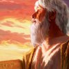 Pintura digital de una figura masculina que se asemeja a un antiguo profeta, sosteniendo dos tablas con inscripciones, con un cielo dramático al atardecer de fondo.