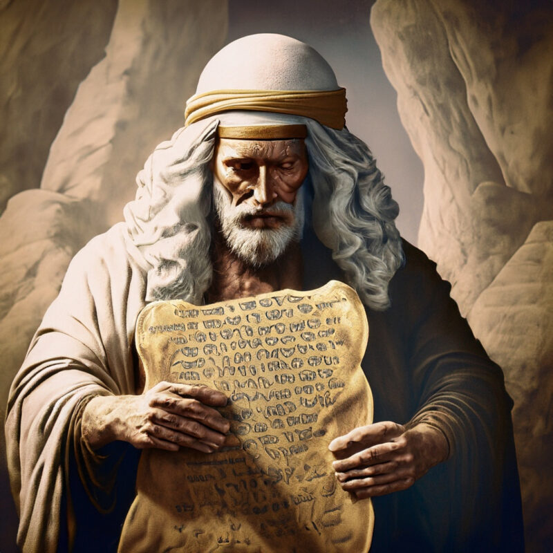 Ilustración de un anciano con túnica sujetando unas tablillas con inscripciones misteriosas.