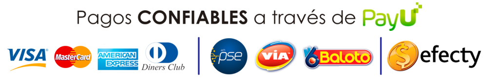** Logotipos de métodos de pago como MasterCard, American Express, Diners Club, PSE, Visa, Baloto, SafetyPay, y PayU.