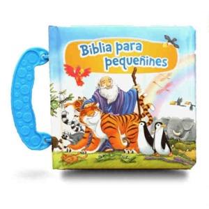 ** Libro de tela para niños titulado "Biblia para Pequeñines" con ilustraciones de animales y un personaje bíblico en la portada.