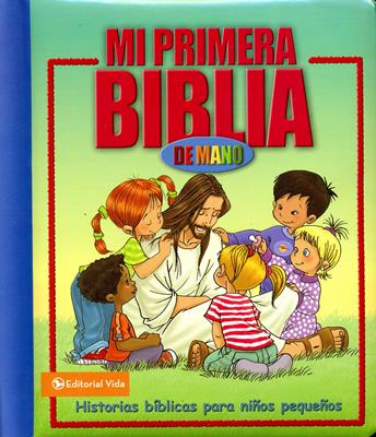 Mi Primera Biblia de Mano" con ilustración de Jesús rodeado de niños.