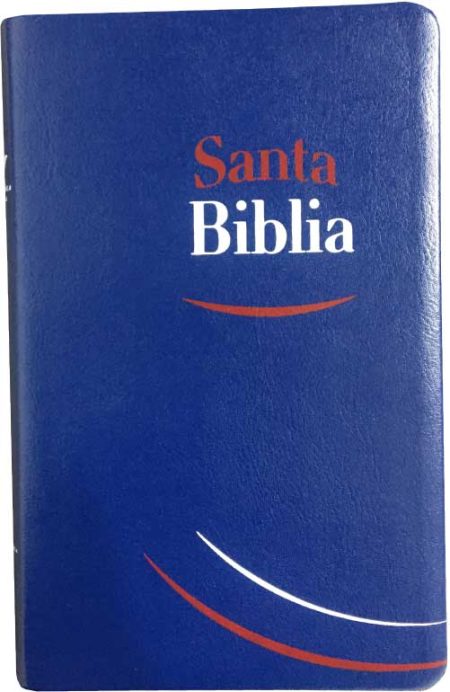 ** Portada de una Bibia en español con cubierta azul y letras en blanco y rojo.