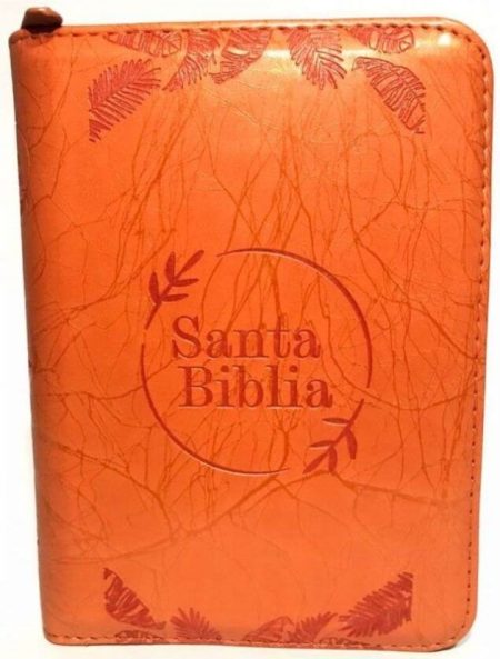 ** Santa Biblia con cubierta de cuero color naranja y detalles decorativos.
