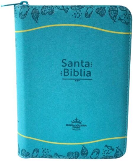 ** Biblia en color turquesa con un diseño de conchas marinas en el borde superior e inferior y un cierre de cremallera.