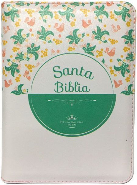 ** Portada de una Biblia con diseño floral en la parte superior y fondo blanco. La tapa tiene un círculo verde con las palabras "Santa Biblia".