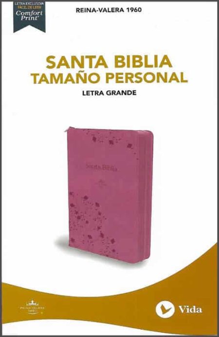 ** Portada de una Biblia de tamaño personal con letra grande, encuadernada en una tapa rosa con diseño floral.
