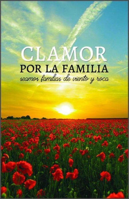 ** Campo de amapolas rojas bajo un amanecer dorado, con texto "Clamor por la Familia" y "seamos familias de viento y roca".