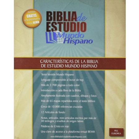 ** Portada de la Biblia de Estudio Mundo Hispano con lista de características destacadas.