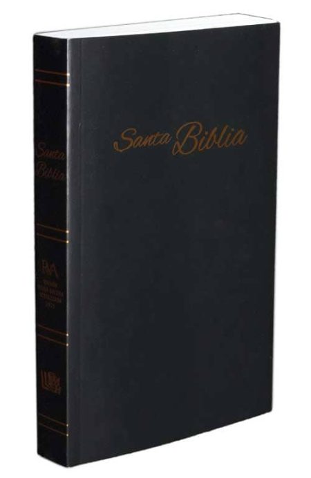 ** Biblia de tapa negra con letras doradas en la portada, vista de perfil.