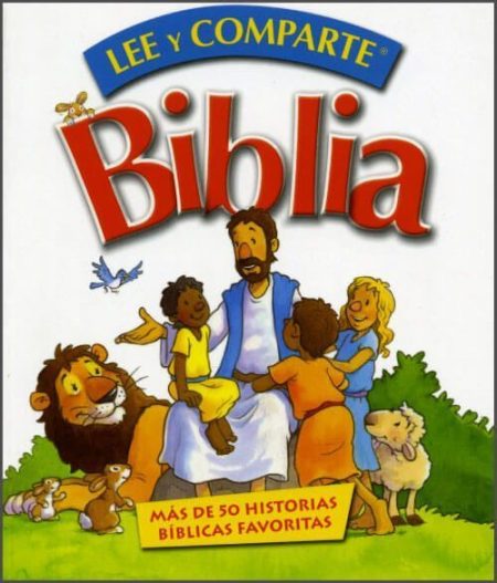 Lee y Comparte Biblia" con ilustración de Jesús rodeado de niños y animales.