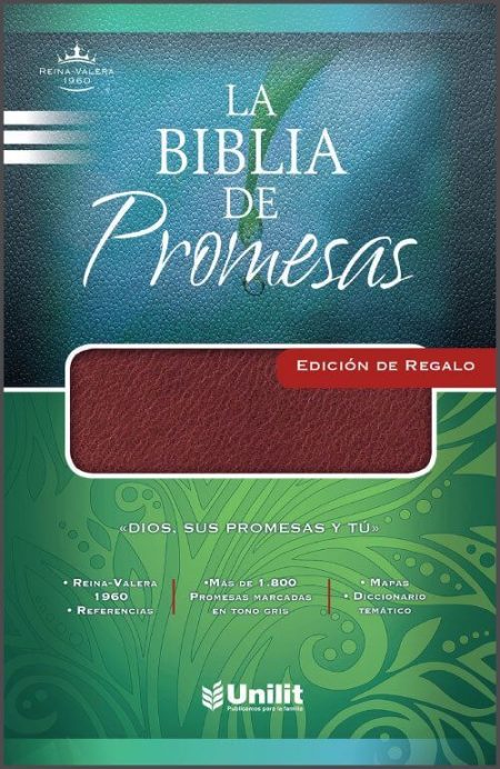 ** Portada de "La Biblia de Promesas" con diseño en verde y azul, y detalles en rojo.