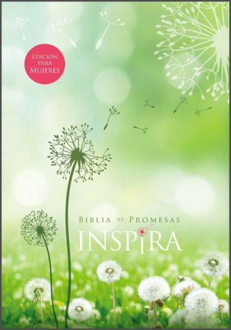 ** Portada de la Biblia de Promesas Inspira con diseño de diente de león sobre fondo verde.