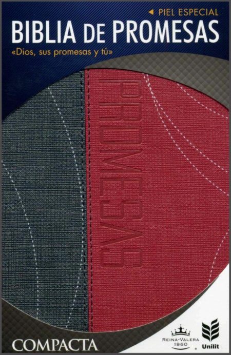 ** Cubierta de la "Biblia de Promesas Compacta" con diseño en piel especial, dividida en dos colores: gris y rojo, con texto en relieve.