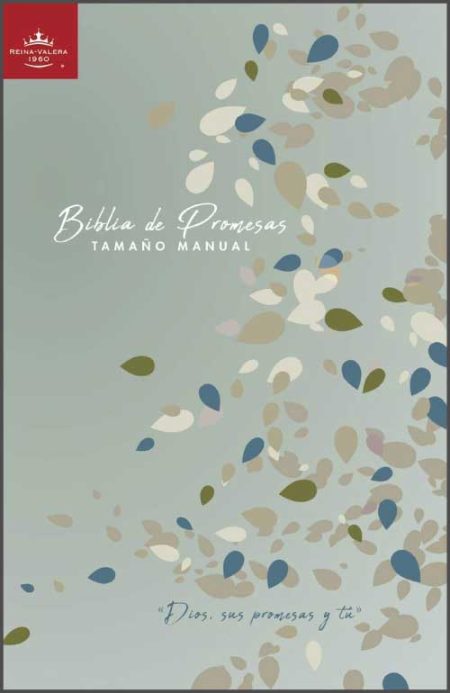 ** Portada de la Biblia de Promesas Tamaño Manual con diseño de hojas en tonos azules, verdes y beige sobre un fondo gris claro.