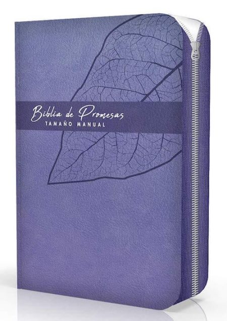 ** Biblia de Promesas color lavanda con diseño de hoja y cierre de cremallera.